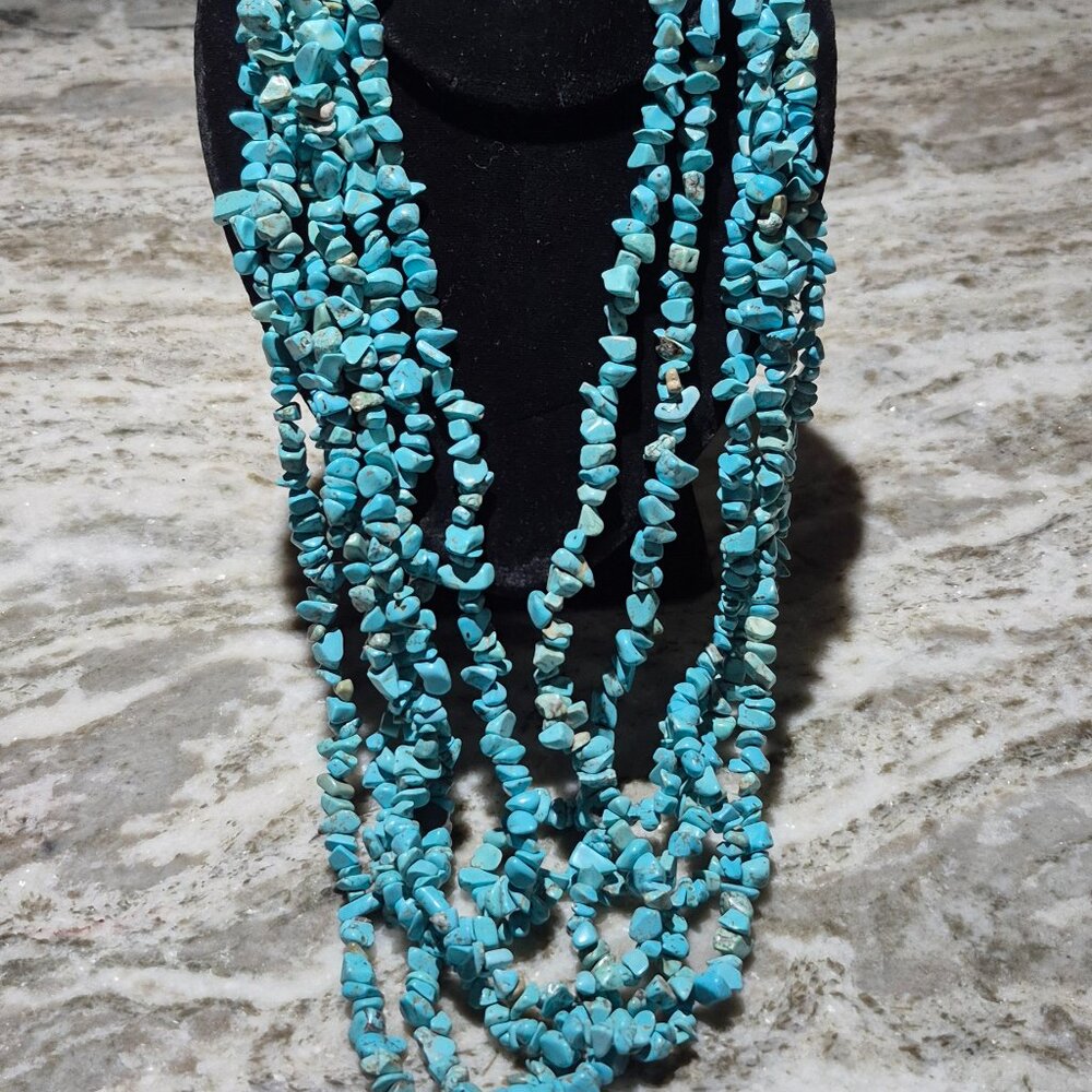 Navajo 6 strand Turquoise Necklace 7mm tumbled 13 inch, Steel Bell gathers redhe